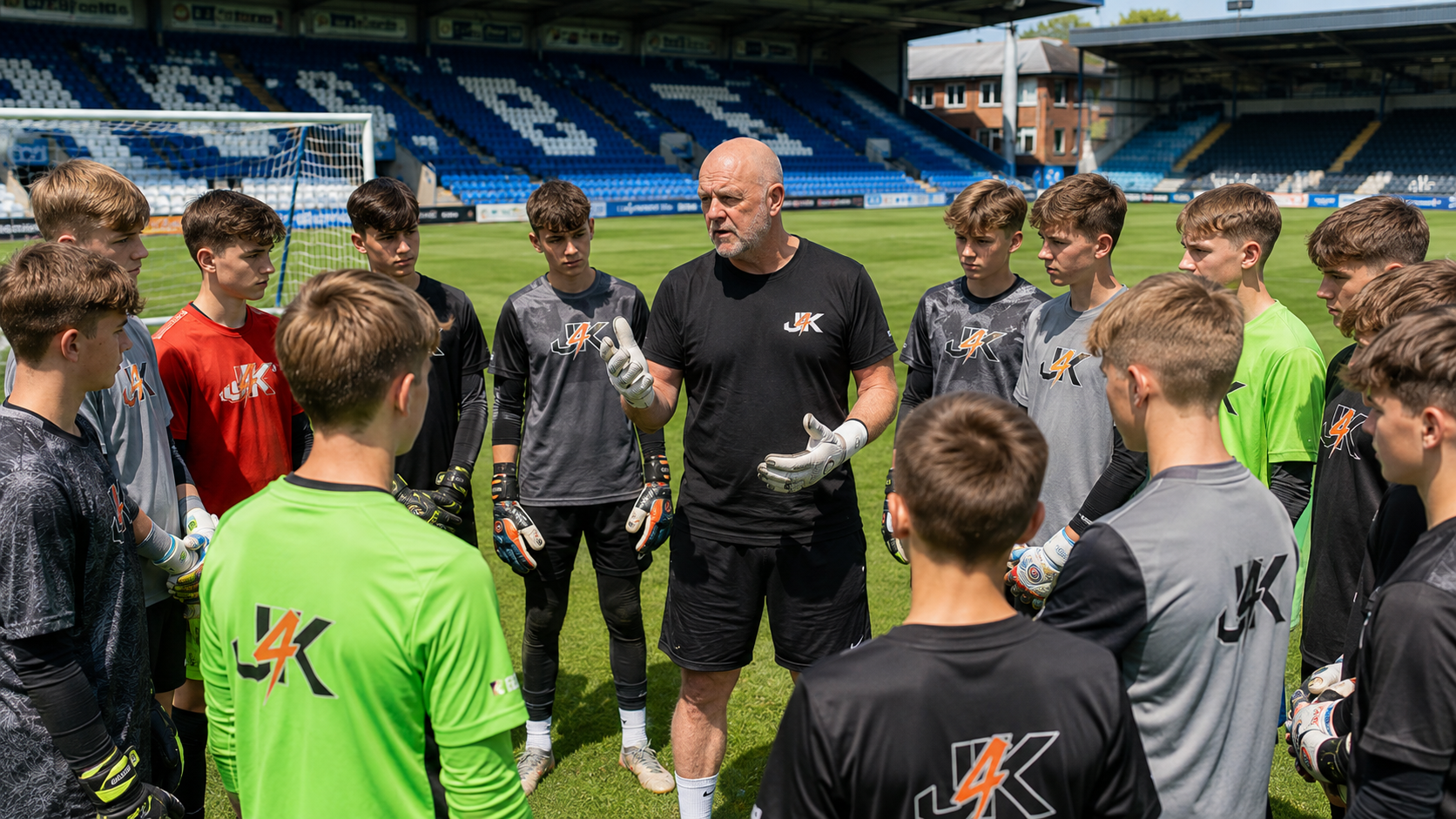 Ray Newland, founder of Just4keepers, coaching a group of goalkeepers on the pitch