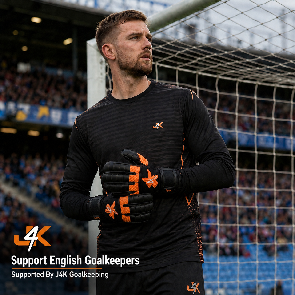 An English goalkeeper in J4K kit and gloves standing in front of the goal in a packed stadium - J4K Goalkeeping, proud funders of Support English Goalkeepers