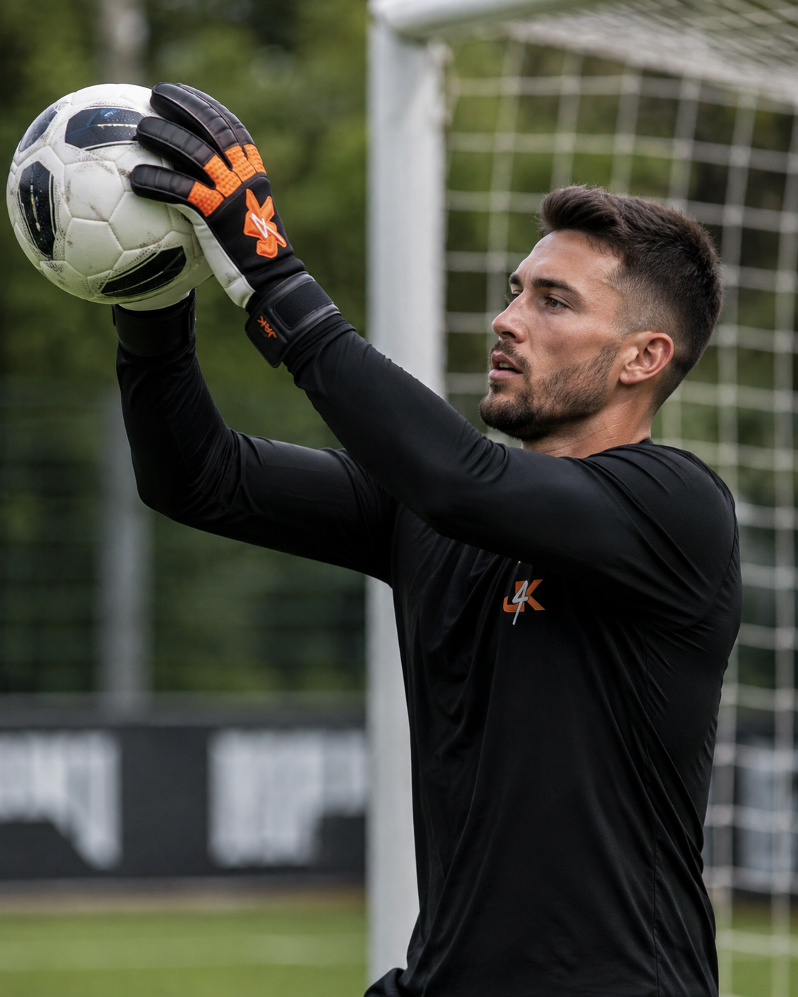 Goalkeeper wearing black and orange J4K goalkeeper gloves catching a football in front of the goal