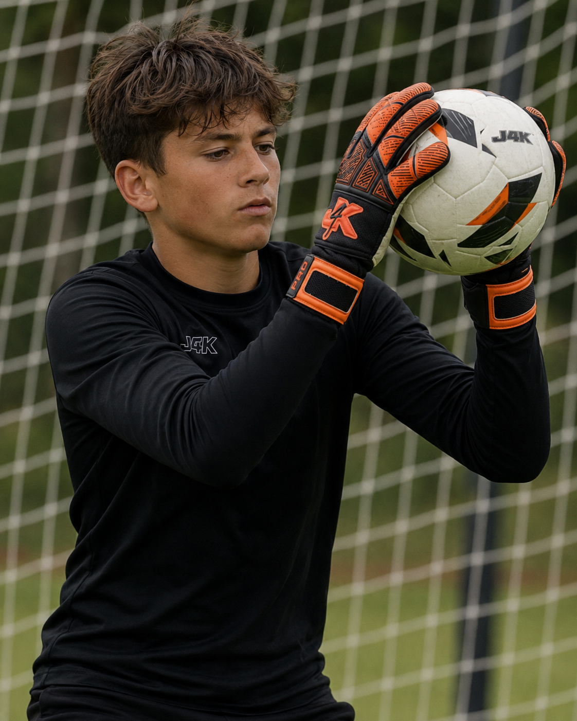 Young goalkeeper catching a ball while wearing J4K orange and black goalkeeper gloves
