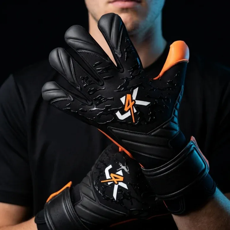 J4K black and orange goalkeeper gloves close-up