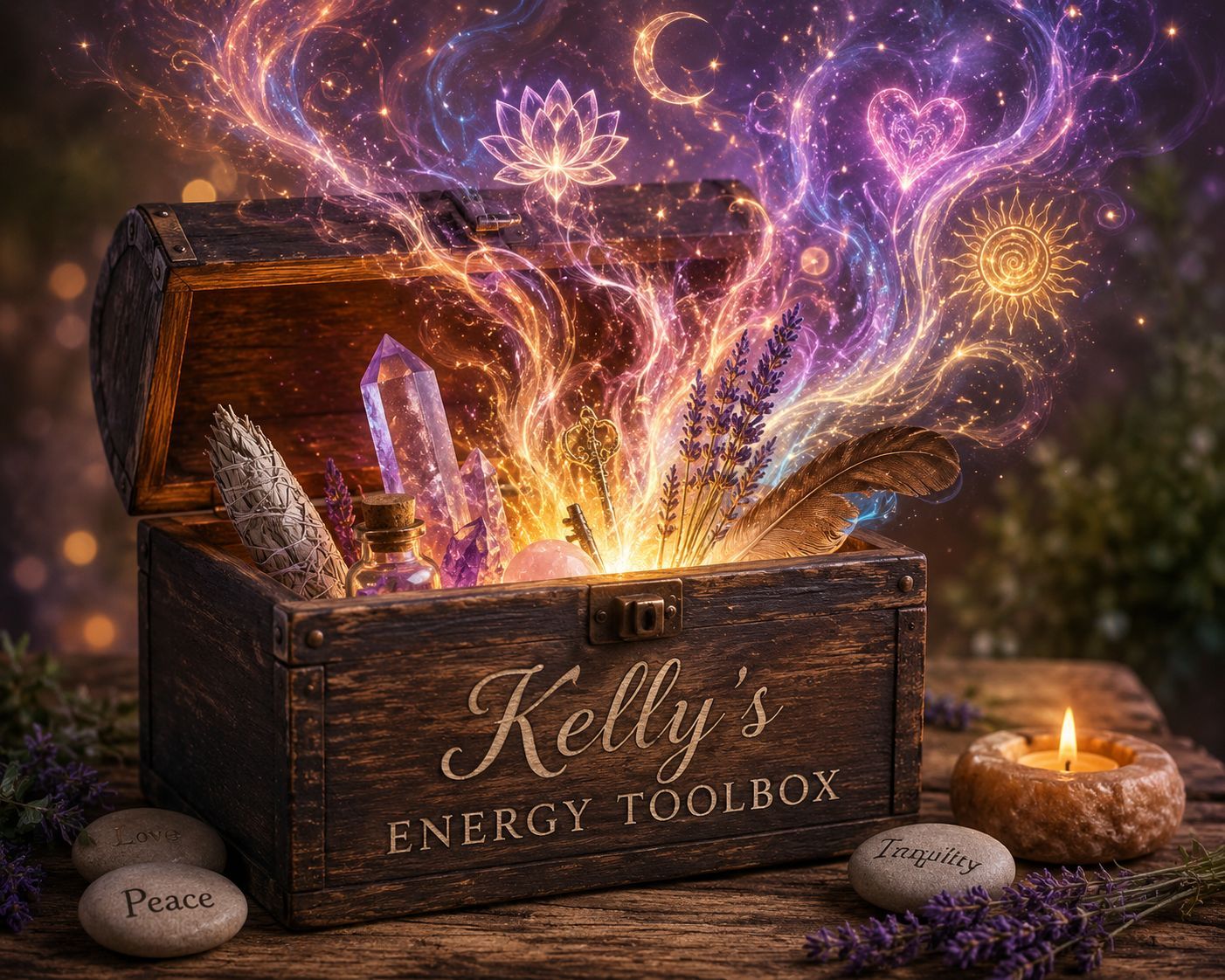 An open wooden energy toolbox glowing with light, filled with amethyst and quartz crystals, dried lavender, sage, and a feather, surrounded by candlelight and lavender sprigs.
