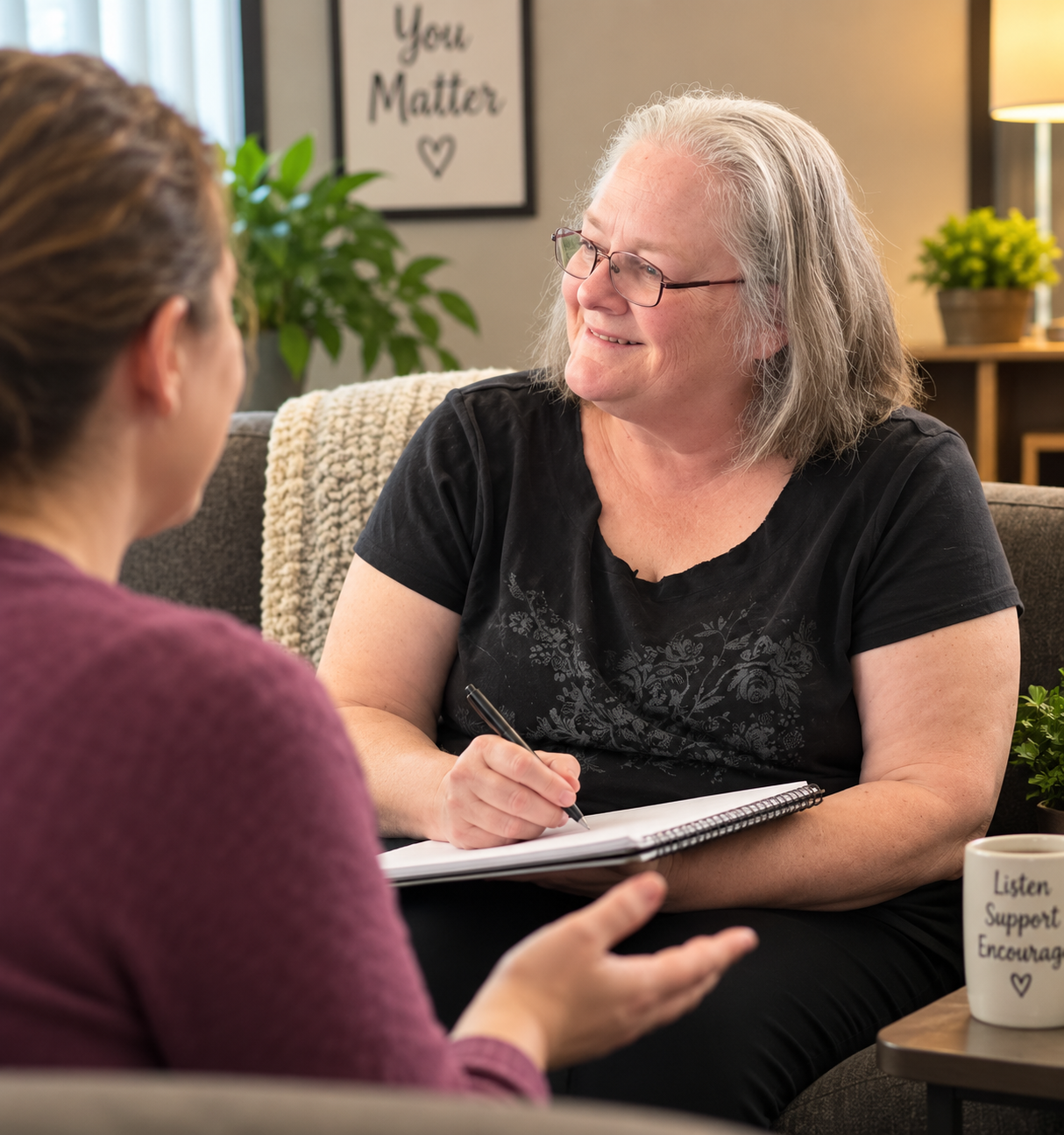 Kelly Peterson, a warm intuitive practitioner with silver hair and glasses, listening attentively and taking notes during a supportive one-on-one session.