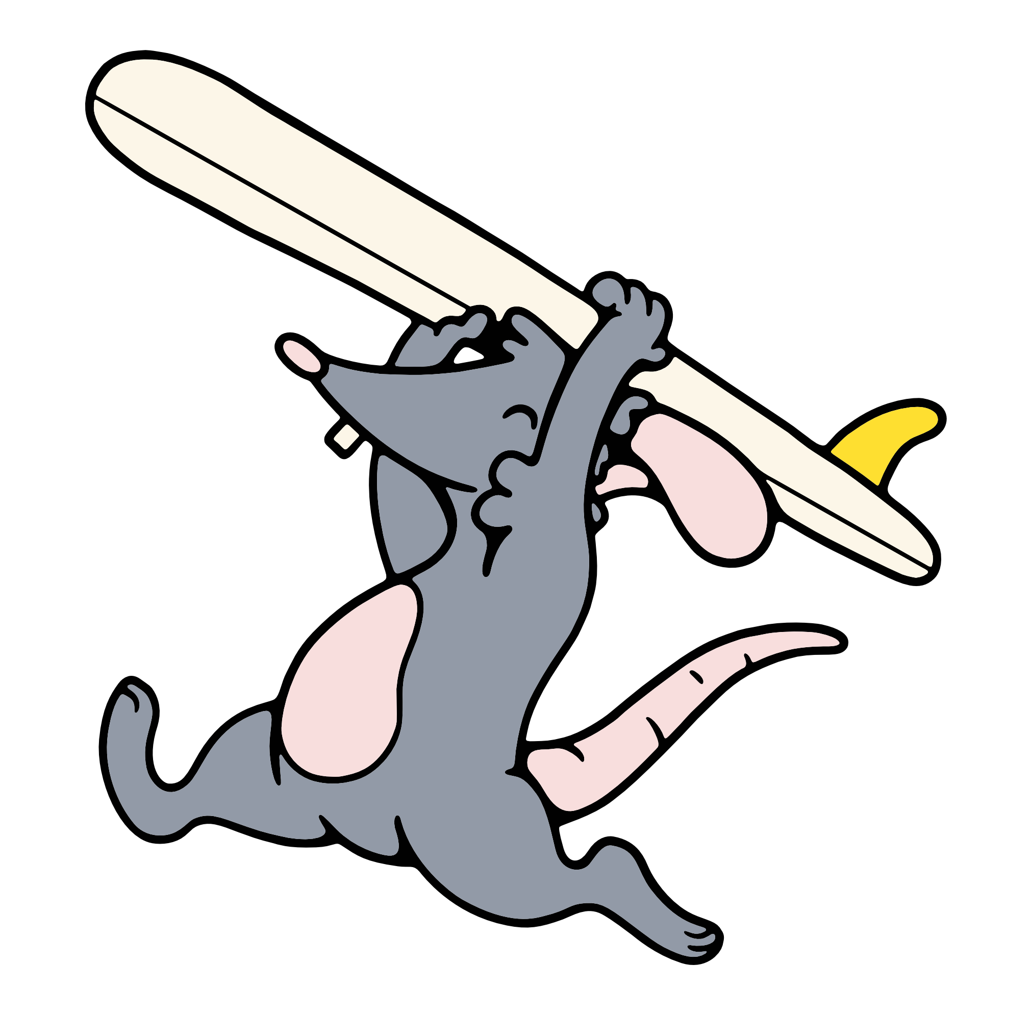 Delco Surf Shop mascot rat carrying a surfboard