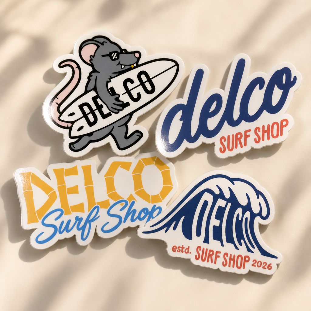 Pack of four Delco Surf Shop vinyl stickers