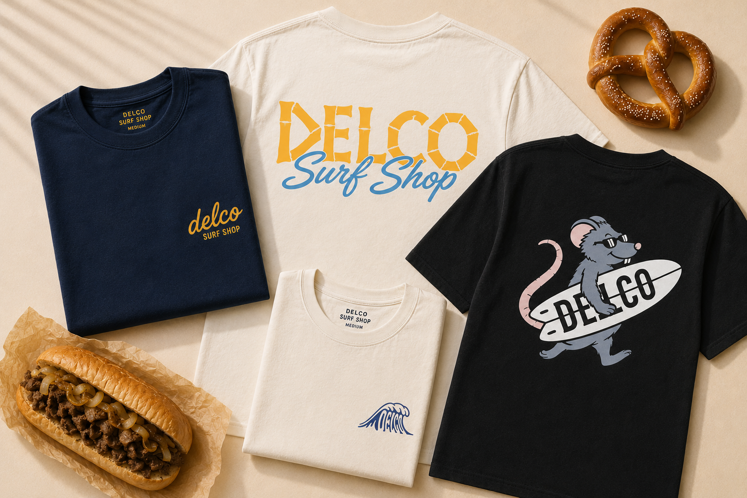Delco Surf Shop tees laid out with a soft pretzel and a cheesesteak
