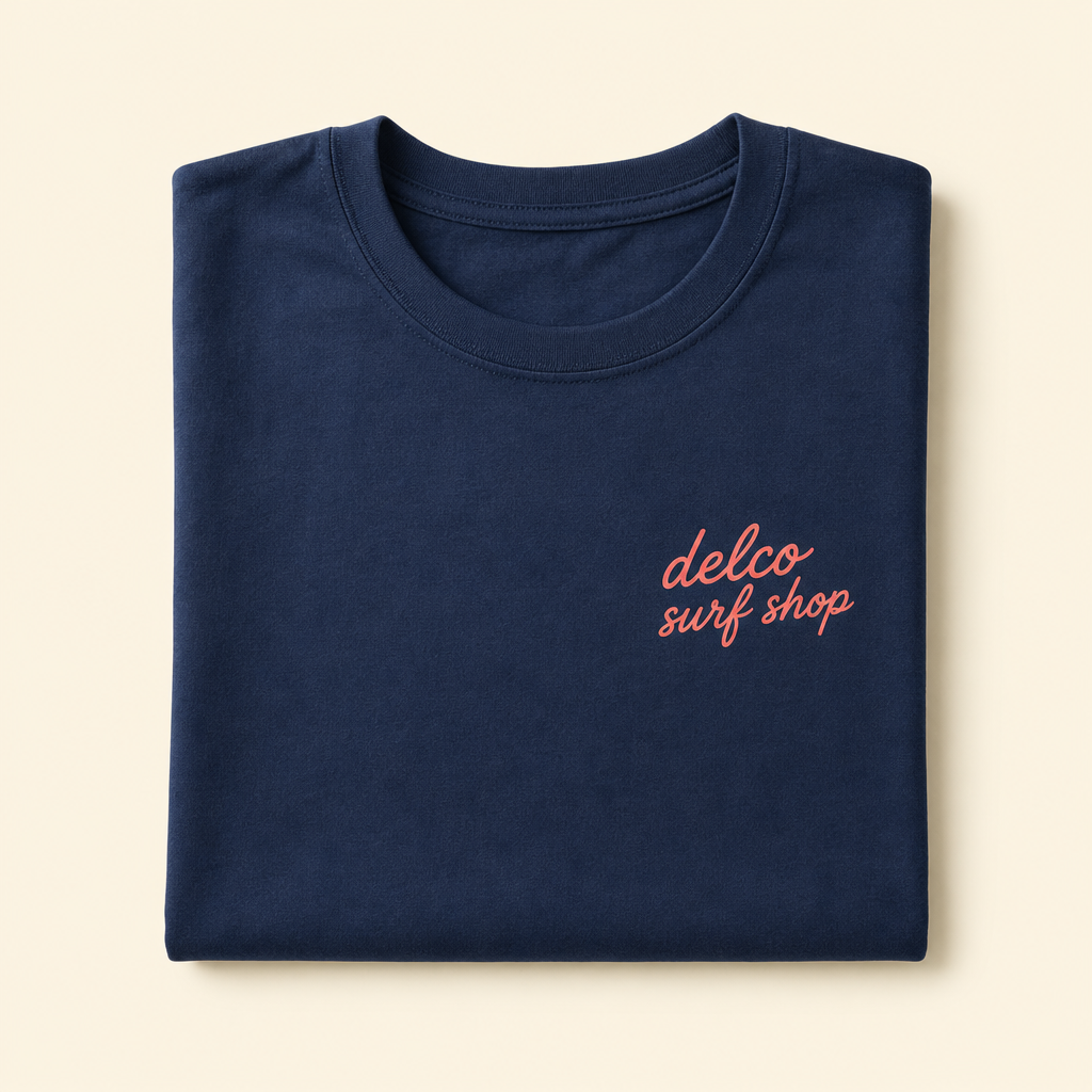 Delco Logo Tee in navy with coral script
